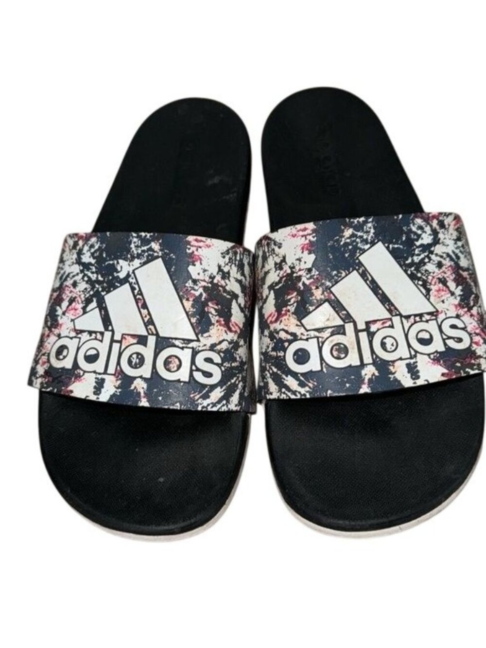 Adidas Adilette Aqua Slides Floral Graphic Womens Size 7 Black White Pink